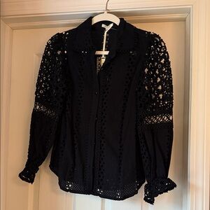 Ultra Pink Black Eyelet Lace Button-Front Blouse